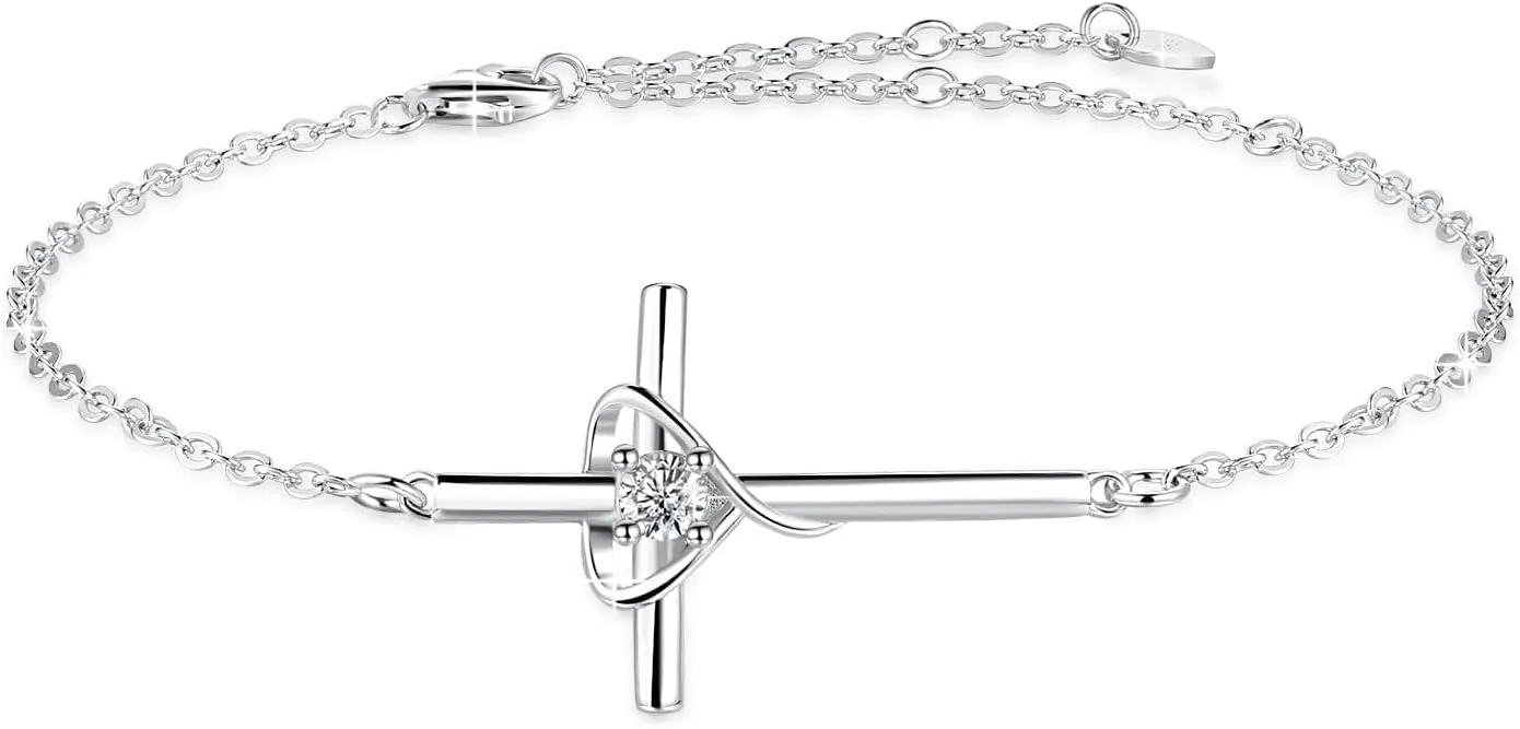 Birthstone Bracelet 925 Sterling Silver Birthstone Cross Bracelets for Women Cross Heart Cubic Zircon Adjustable Jewelry Gifts for Birthday Christmas