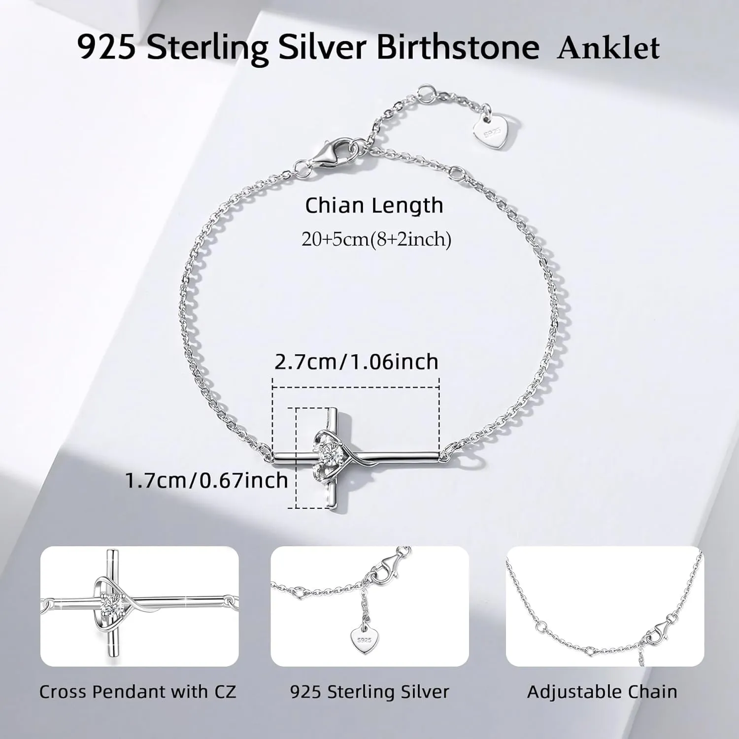 Birthstone Bracelet 925 Sterling Silver Birthstone Cross Bracelets for Women Cross Heart Cubic Zircon Adjustable Jewelry Gifts for Birthday Christmas