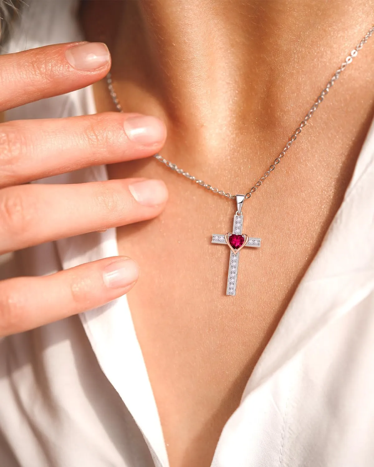 Birthstone Cross Necklace for Women, 925 Sterling Silver Heart Cross Pendant Necklace, Fine Cross Jewelry Birthday Anniversary Mother's Day Gifts for Her Mom Wife, 18" 2" Adjustable