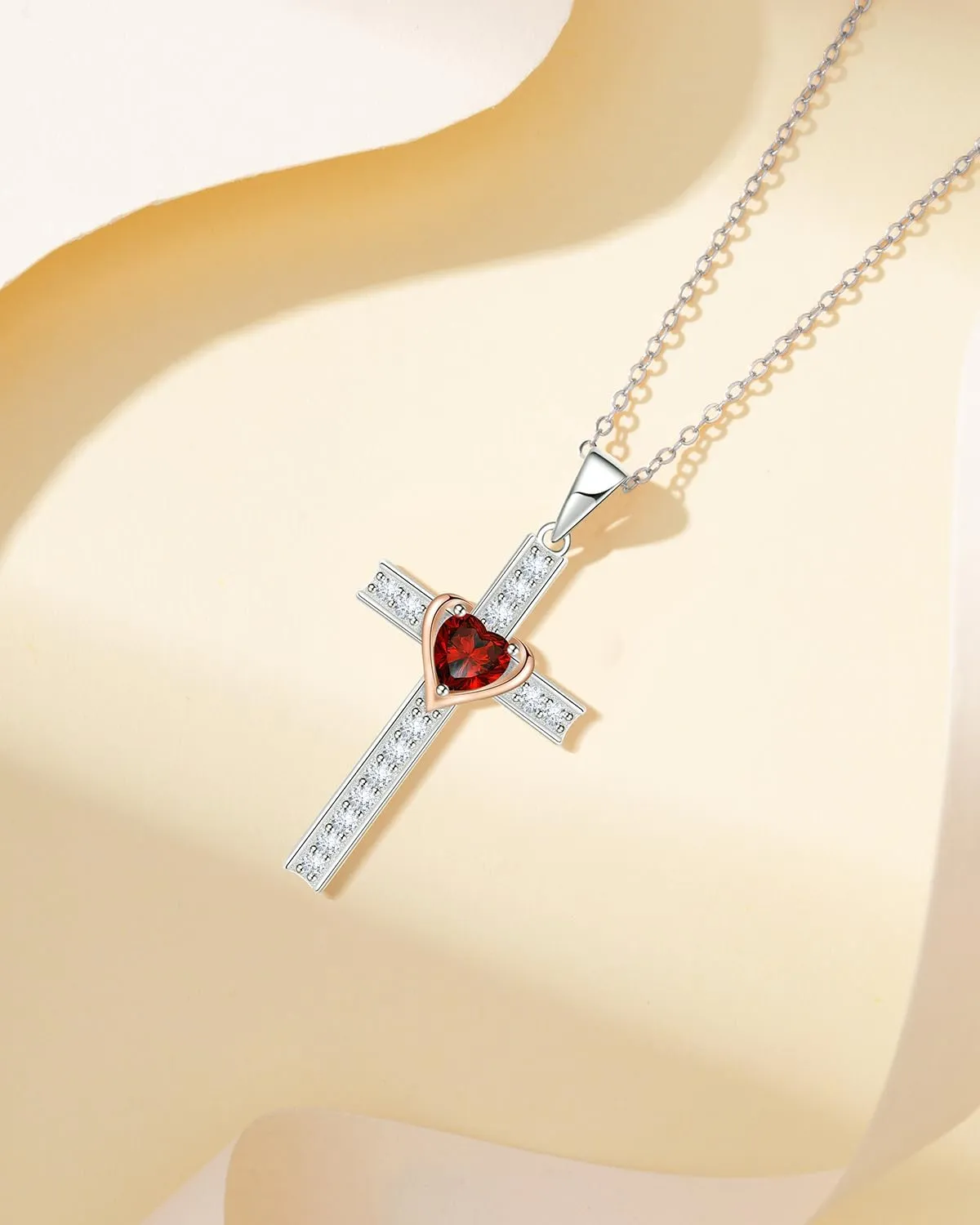 Birthstone Cross Necklace for Women, 925 Sterling Silver Heart Cross Pendant Necklace, Fine Cross Jewelry Birthday Anniversary Mother's Day Gifts for Her Mom Wife, 18" 2" Adjustable