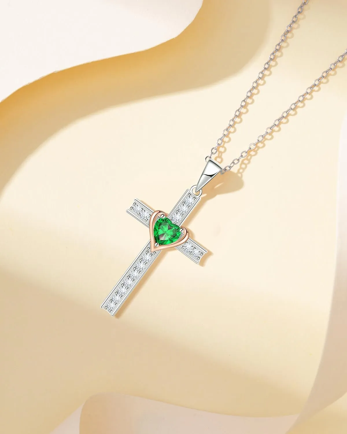 Birthstone Cross Necklace for Women, 925 Sterling Silver Heart Cross Pendant Necklace, Fine Cross Jewelry Birthday Anniversary Mother's Day Gifts for Her Mom Wife, 18" 2" Adjustable