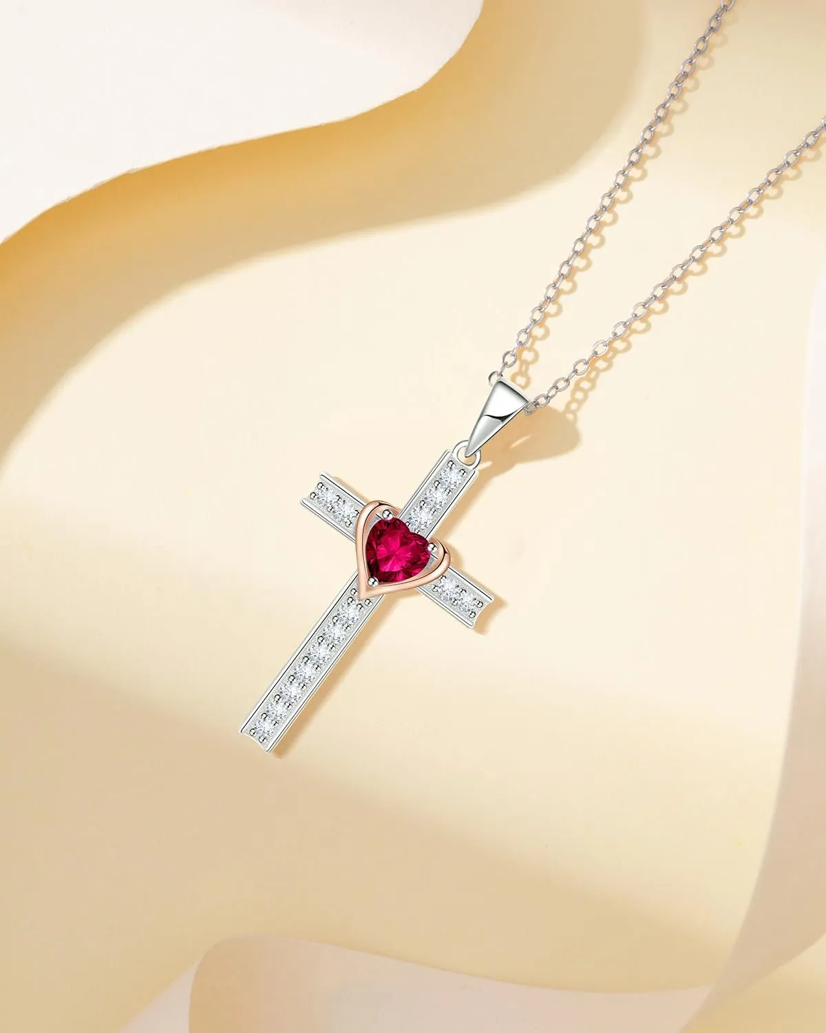 Birthstone Cross Necklace for Women, 925 Sterling Silver Heart Cross Pendant Necklace, Fine Cross Jewelry Birthday Anniversary Mother's Day Gifts for Her Mom Wife, 18" 2" Adjustable