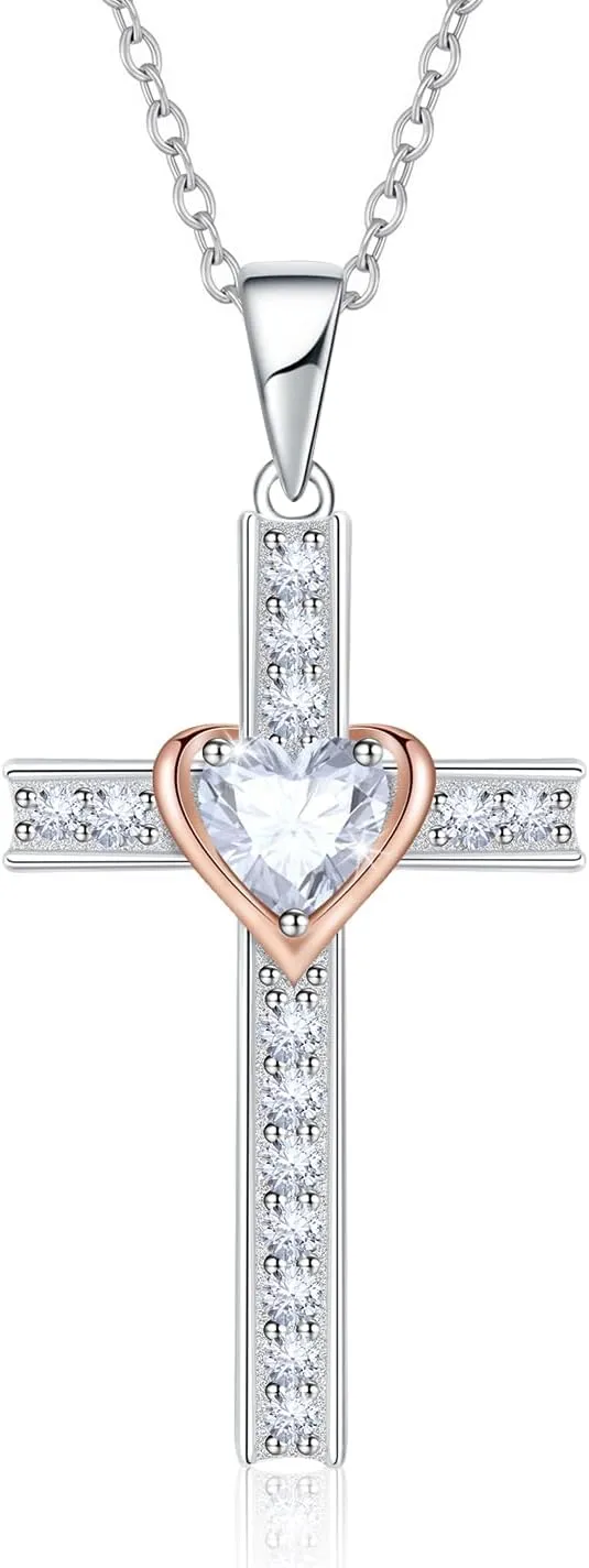 Birthstone Cross Necklace for Women, 925 Sterling Silver Heart Cross Pendant Necklace, Fine Cross Jewelry Birthday Anniversary Mother's Day Gifts for Her Mom Wife, 18" 2" Adjustable