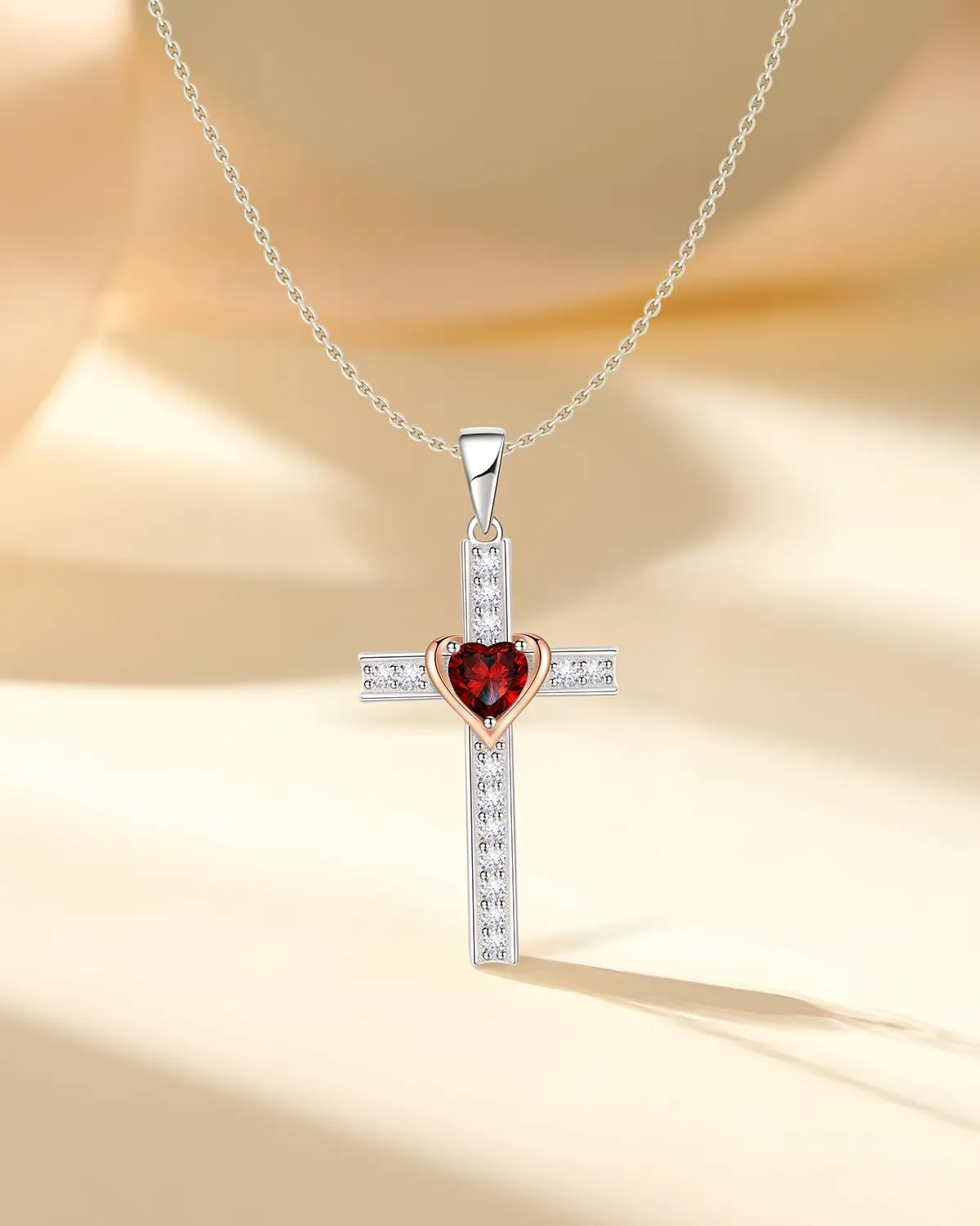 Birthstone Cross Necklace for Women, 925 Sterling Silver Heart Cross Pendant Necklace, Fine Cross Jewelry Birthday Anniversary Mother's Day Gifts for Her Mom Wife, 18" 2" Adjustable