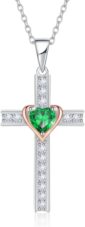 Birthstone Cross Necklace for Women, 925 Sterling Silver Heart Cross Pendant Necklace, Fine Cross Jewelry Birthday Anniversary Mother's Day Gifts for Her Mom Wife, 18" 2" Adjustable