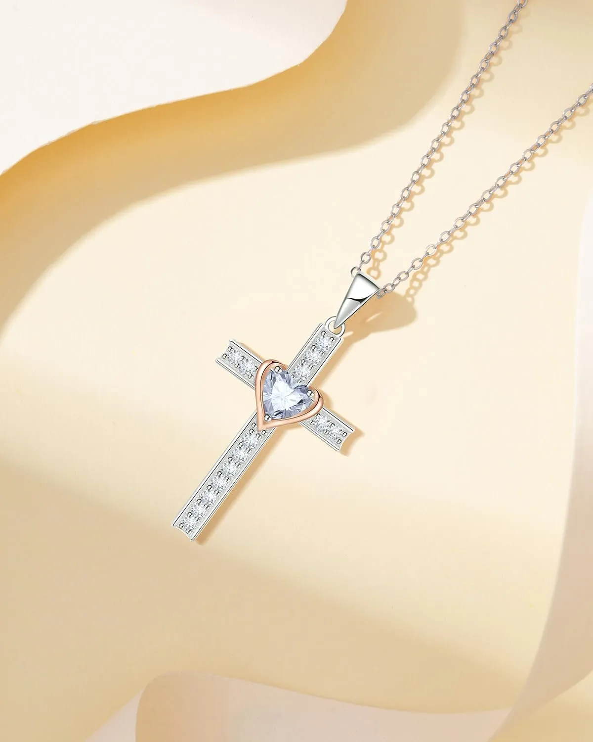 Birthstone Cross Necklace for Women, 925 Sterling Silver Heart Cross Pendant Necklace, Fine Cross Jewelry Birthday Anniversary Mother's Day Gifts for Her Mom Wife, 18" 2" Adjustable