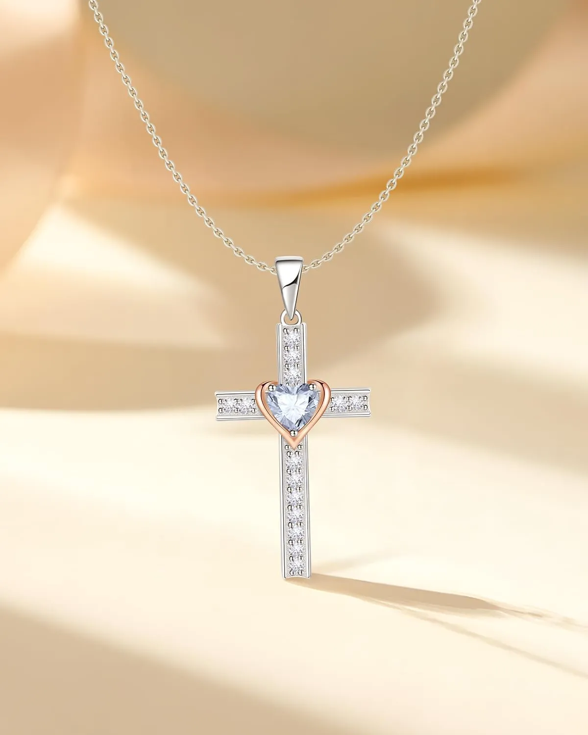 Birthstone Cross Necklace for Women, 925 Sterling Silver Heart Cross Pendant Necklace, Fine Cross Jewelry Birthday Anniversary Mother's Day Gifts for Her Mom Wife, 18" 2" Adjustable