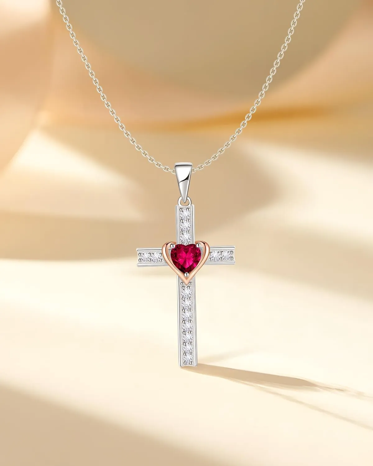 Birthstone Cross Necklace for Women, 925 Sterling Silver Heart Cross Pendant Necklace, Fine Cross Jewelry Birthday Anniversary Mother's Day Gifts for Her Mom Wife, 18" 2" Adjustable