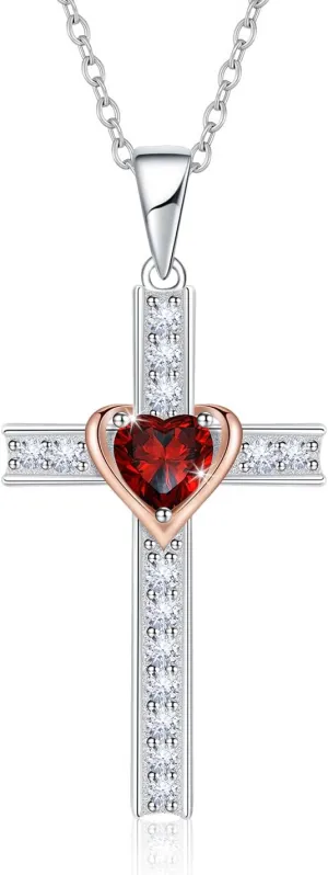 Birthstone Cross Necklace for Women, 925 Sterling Silver Heart Cross Pendant Necklace, Fine Cross Jewelry Birthday Anniversary Mother's Day Gifts for Her Mom Wife, 18" 2" Adjustable