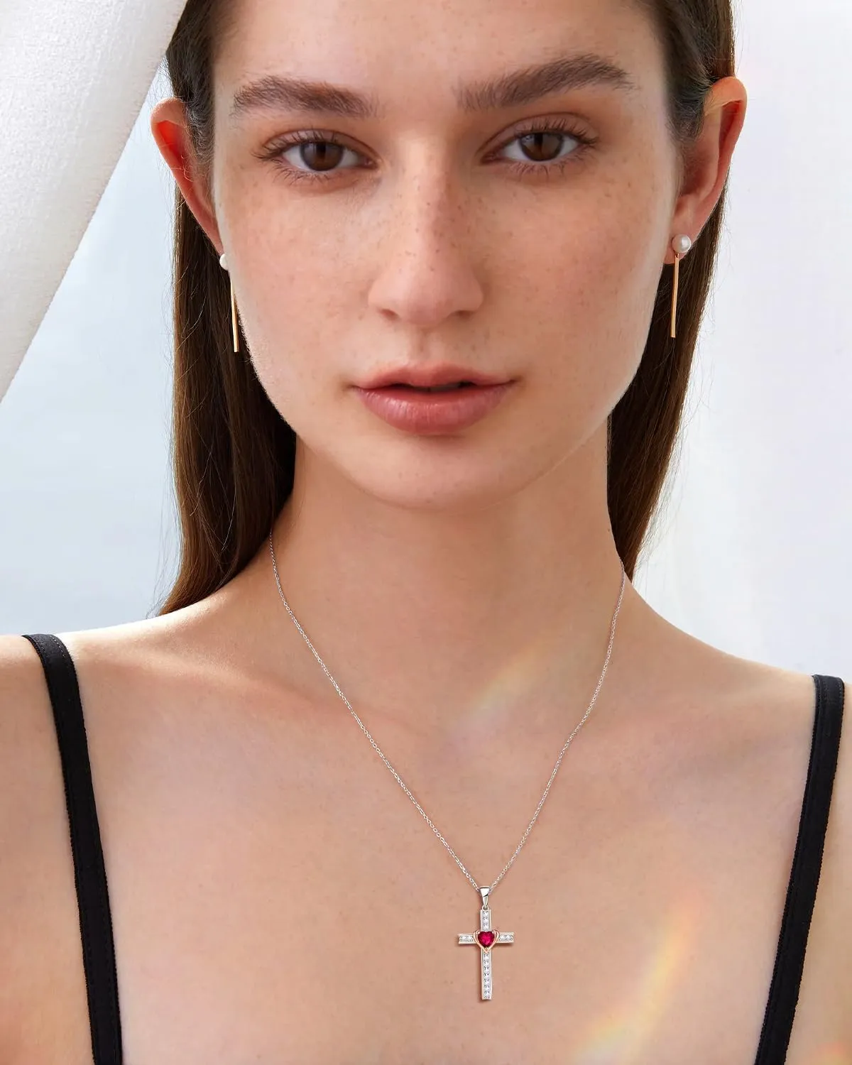 Birthstone Cross Necklace for Women, 925 Sterling Silver Heart Cross Pendant Necklace, Fine Cross Jewelry Birthday Anniversary Mother's Day Gifts for Her Mom Wife, 18" 2" Adjustable