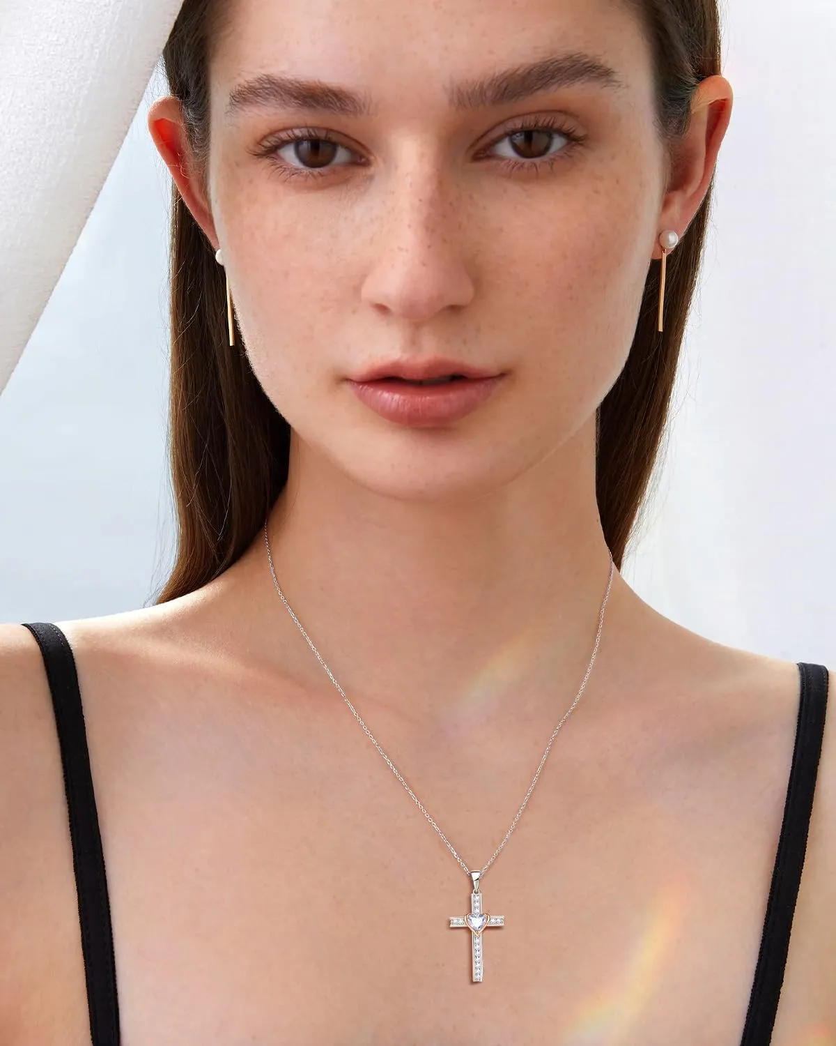 Birthstone Cross Necklace for Women, 925 Sterling Silver Heart Cross Pendant Necklace, Fine Cross Jewelry Birthday Anniversary Mother's Day Gifts for Her Mom Wife, 18" 2" Adjustable