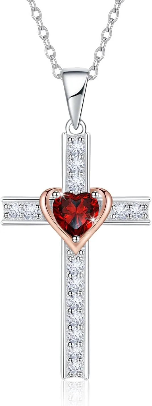 Birthstone Cross Necklace for Women, 925 Sterling Silver Heart Cross Pendant Necklace, Fine Cross Jewelry Birthday Anniversary Mother's Day Gifts for Her Mom Wife, 18" 2" Adjustable