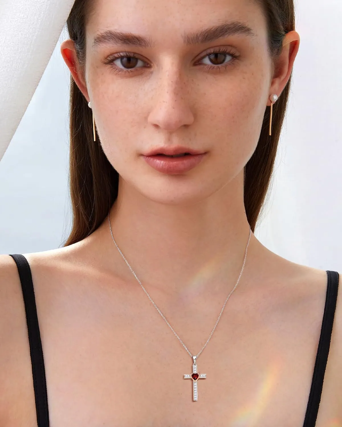 Birthstone Cross Necklace for Women, 925 Sterling Silver Heart Cross Pendant Necklace, Fine Cross Jewelry Birthday Anniversary Mother's Day Gifts for Her Mom Wife, 18" 2" Adjustable