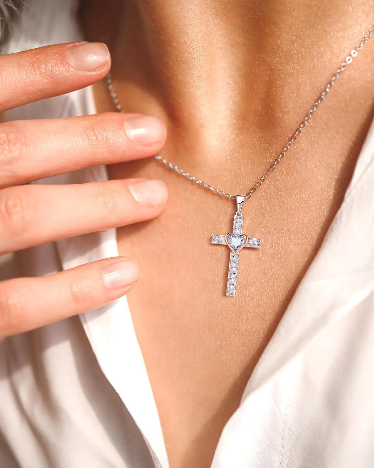 Birthstone Cross Necklace for Women, 925 Sterling Silver Heart Cross Pendant Necklace, Fine Cross Jewelry Birthday Anniversary Mother's Day Gifts for Her Mom Wife, 18" 2" Adjustable
