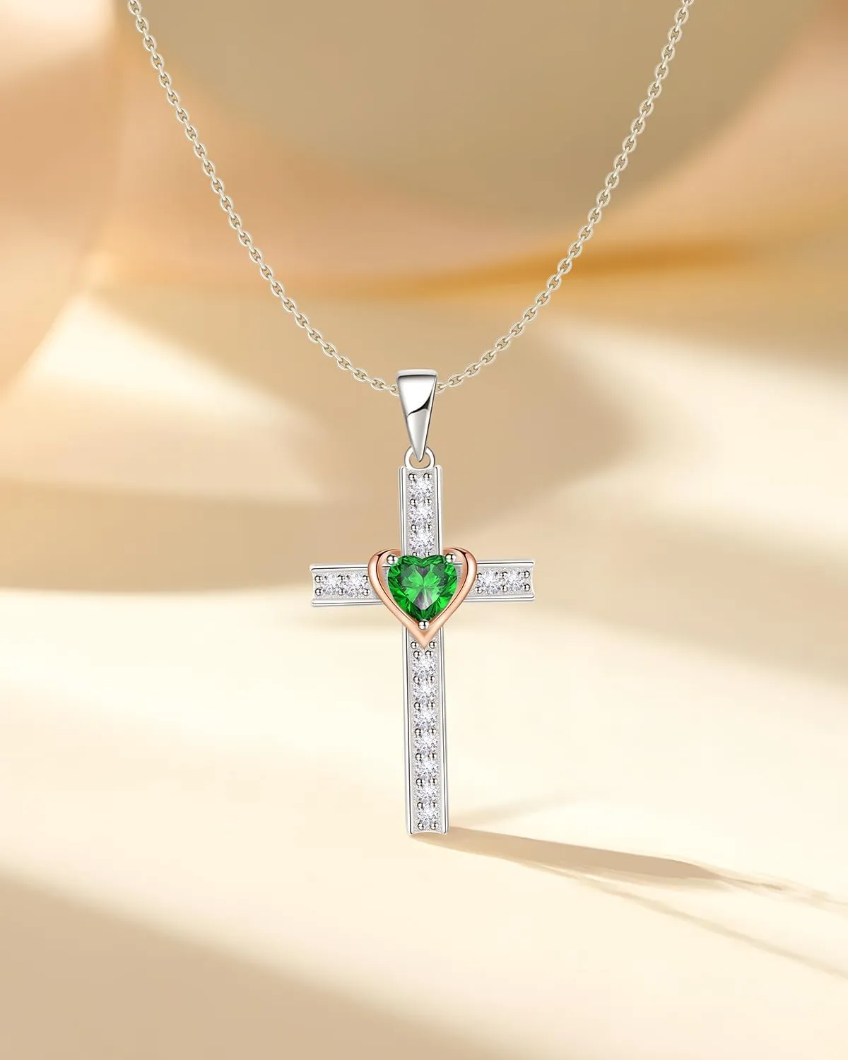 Birthstone Cross Necklace for Women, 925 Sterling Silver Heart Cross Pendant Necklace, Fine Cross Jewelry Birthday Anniversary Mother's Day Gifts for Her Mom Wife, 18" 2" Adjustable