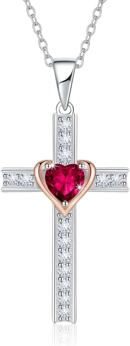 Birthstone Cross Necklace for Women, 925 Sterling Silver Heart Cross Pendant Necklace, Fine Cross Jewelry Birthday Anniversary Mother's Day Gifts for Her Mom Wife, 18" 2" Adjustable