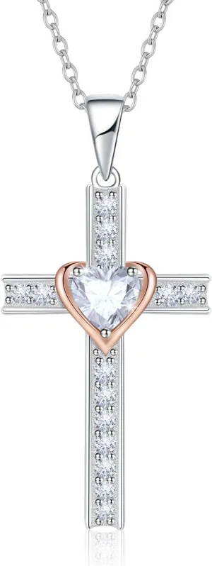 Birthstone Cross Necklace for Women, 925 Sterling Silver Heart Cross Pendant Necklace, Fine Cross Jewelry Birthday Anniversary Mother's Day Gifts for Her Mom Wife, 18" 2" Adjustable