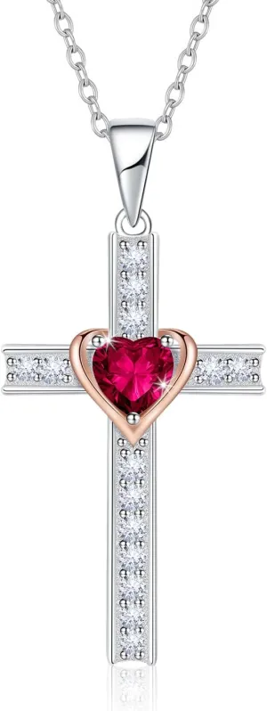 Birthstone Cross Necklace for Women, 925 Sterling Silver Heart Cross Pendant Necklace, Fine Cross Jewelry Birthday Anniversary Mother's Day Gifts for Her Mom Wife, 18" 2" Adjustable