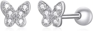 BISAER 925 Sterling Silver Tiny Butterfly Heart Star Earrings With Screw Back Cubic Zirconia Stud Earrings for Women Cartilage Jewelry