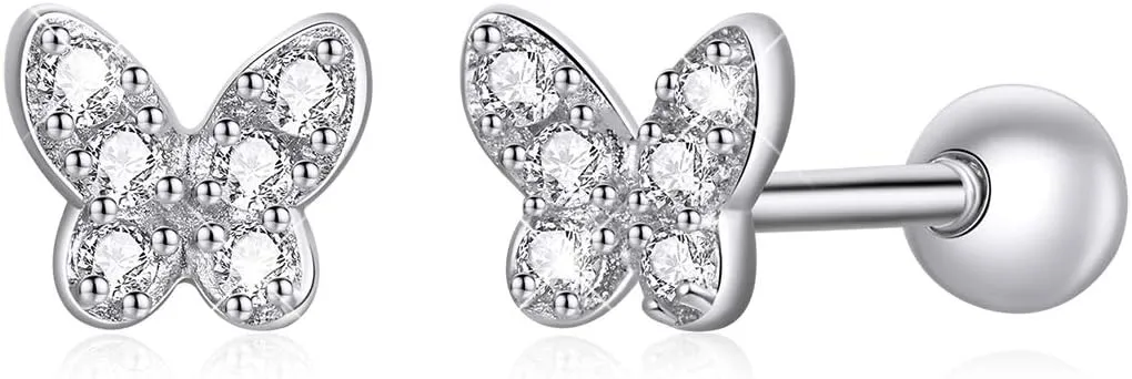 BISAER 925 Sterling Silver Tiny Butterfly Heart Star Earrings With Screw Back Cubic Zirconia Stud Earrings for Women Cartilage Jewelry
