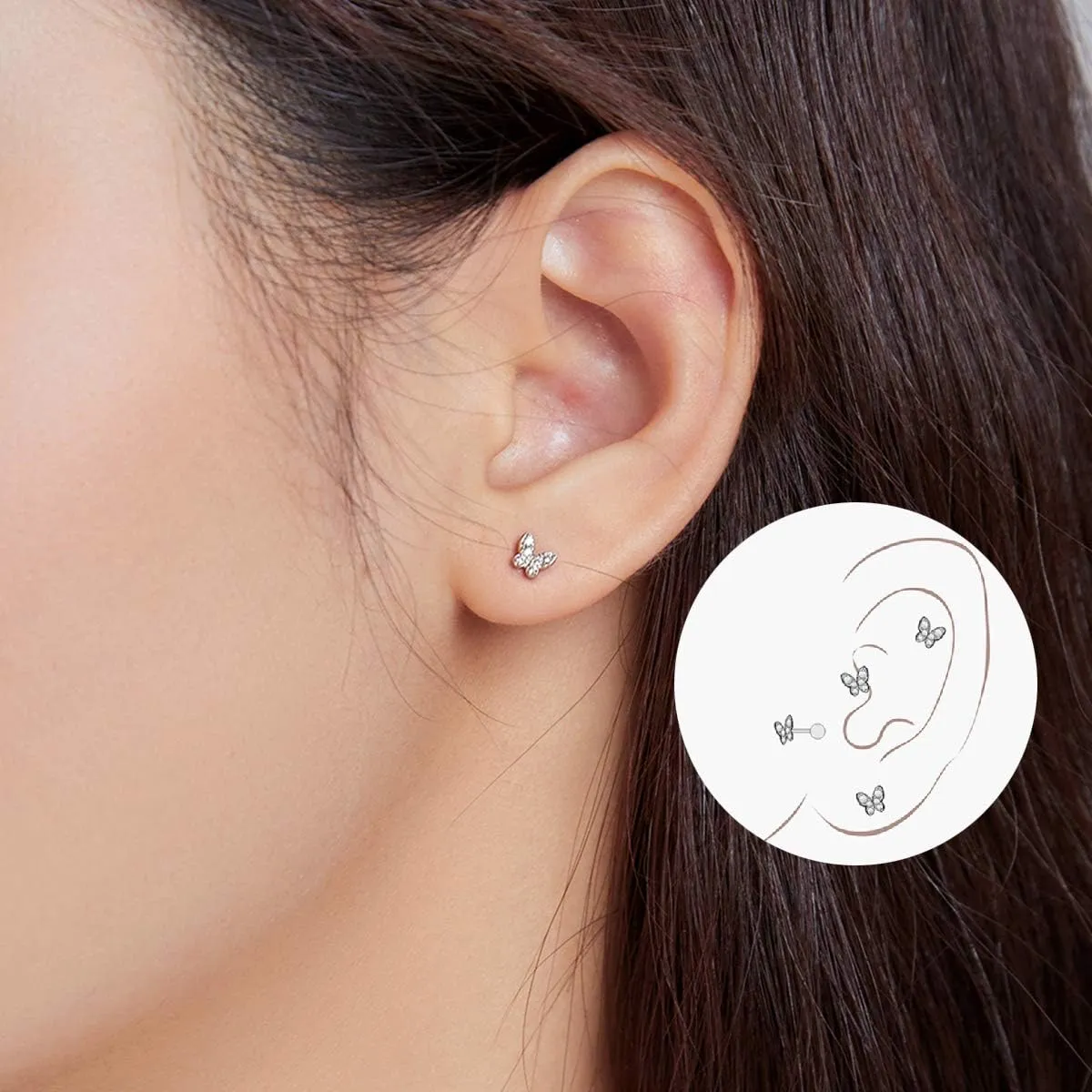 BISAER 925 Sterling Silver Tiny Butterfly Heart Star Earrings With Screw Back Cubic Zirconia Stud Earrings for Women Cartilage Jewelry