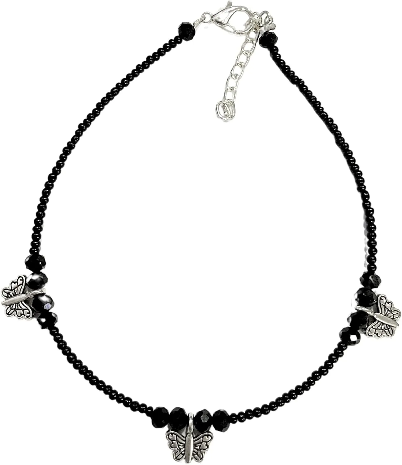 Black Bead Crystal Charm Anklet Bracelet Handmade Simple Summer Beach Waterproof Ankle Foot Chain Bracelets for Women Minimalist Jewelry Adjustable (Butterfly Charm) (Butterfly Charm)