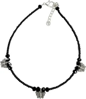 Black Bead Crystal Charm Anklet Bracelet Handmade Simple Summer Beach Waterproof Ankle Foot Chain Bracelets for Women Minimalist Jewelry Adjustable (Butterfly Charm) (Butterfly Charm)