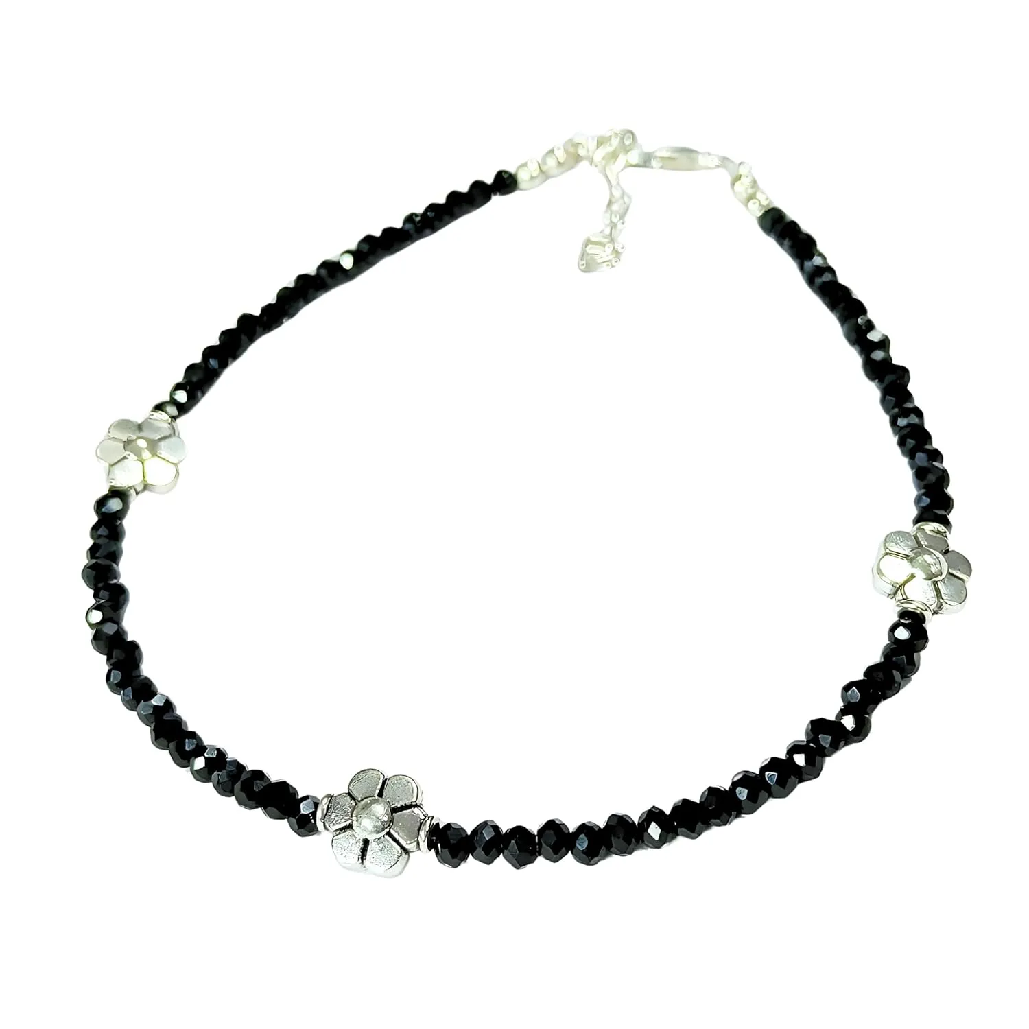 Black Bead Crystal Charm Anklet Bracelet Handmade Simple Summer Beach Waterproof Ankle Foot Chain Bracelets for Women Minimalist Jewelry Adjustable (Flower Charm)