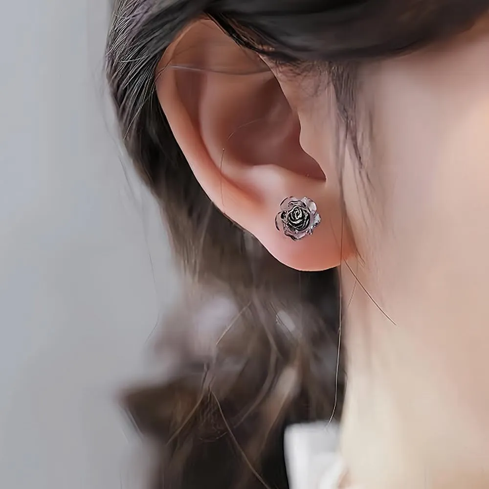 Black Rose Flower Tiny Stud Earring, Cute Dainty Transparent 925 Silver Piercing Earring, Trendy Party Anniversary Wedding Earlobe Accessories Gift