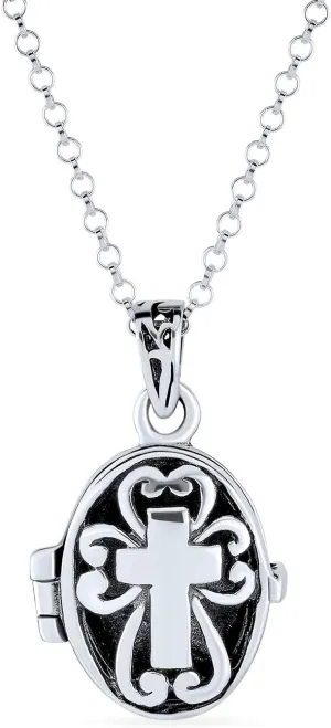 Bling Jewelry Vintage-Style Christian Jesus Fish Square Heart or Cross Poison Prayer Box Locket Necklace Pendant Momenta or Memorial Keepsake Holder for Women Teens Oxidized .925 Sterling Silver