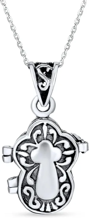Bling Jewelry Vintage-Style Christian Jesus Fish Square Heart or Cross Poison Prayer Box Locket Necklace Pendant Momenta or Memorial Keepsake Holder for Women Teens Oxidized .925 Sterling Silver