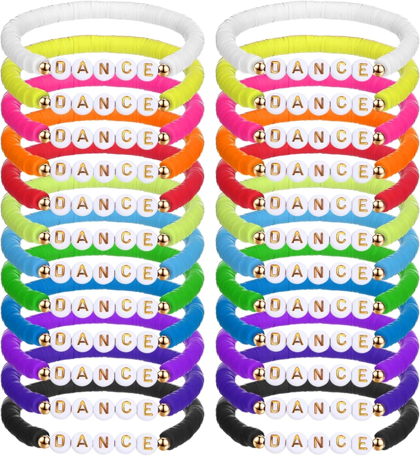 Blosssound 24 Pack Polymer Clay Beaded Dance Bracelet Bulk Stretch Bracelet for Team Gift Colorful Dance Lover Gift International Dance Day Graduation Party Charm Jewelry Favor