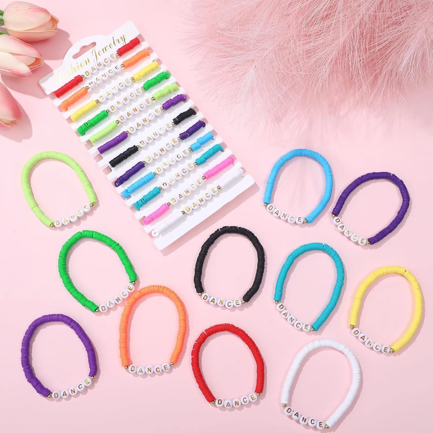 Blosssound 24 Pack Polymer Clay Beaded Dance Bracelet Bulk Stretch Bracelet for Team Gift Colorful Dance Lover Gift International Dance Day Graduation Party Charm Jewelry Favor