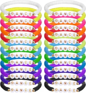 Blosssound 24 Pack Polymer Clay Beaded Dance Bracelet Bulk Stretch Bracelet for Team Gift Colorful Dance Lover Gift International Dance Day Graduation Party Charm Jewelry Favor