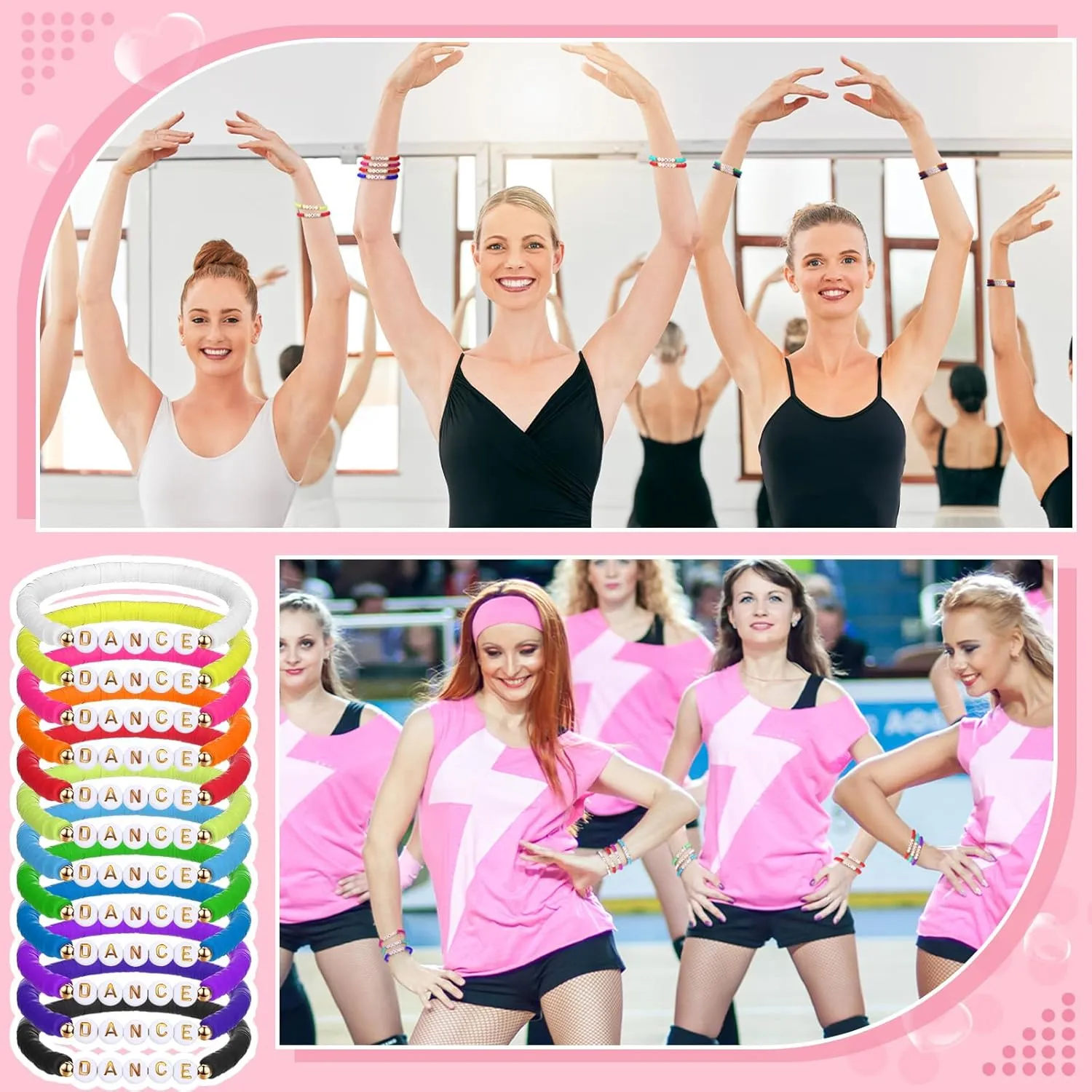 Blosssound 24 Pack Polymer Clay Beaded Dance Bracelet Bulk Stretch Bracelet for Team Gift Colorful Dance Lover Gift International Dance Day Graduation Party Charm Jewelry Favor