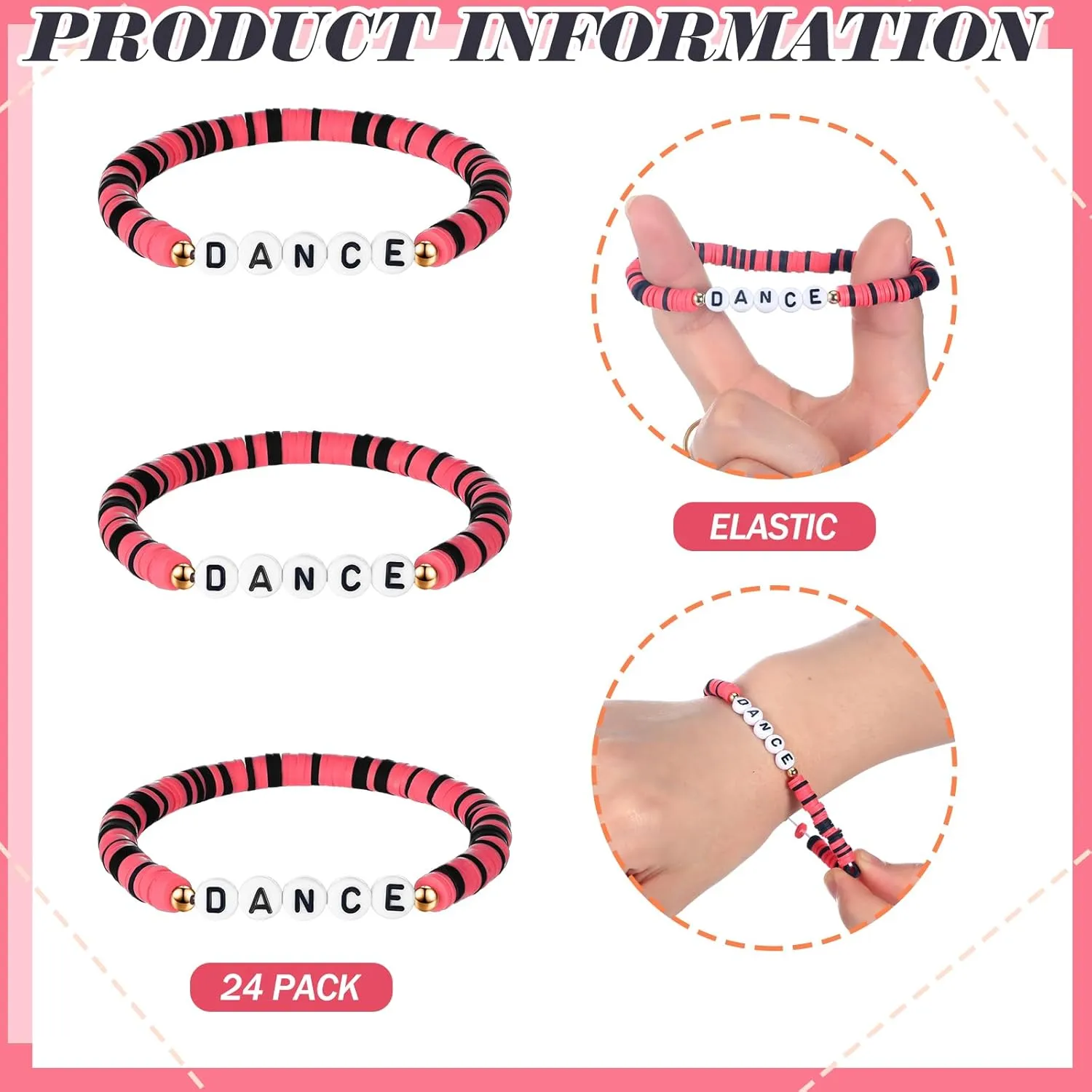 Blosssound 24 Pack Polymer Clay Beaded Dance Bracelet Bulk Stretch Bracelet for Team Gift Colorful Dance Lover Gift International Dance Day Graduation Party Charm Jewelry Favor