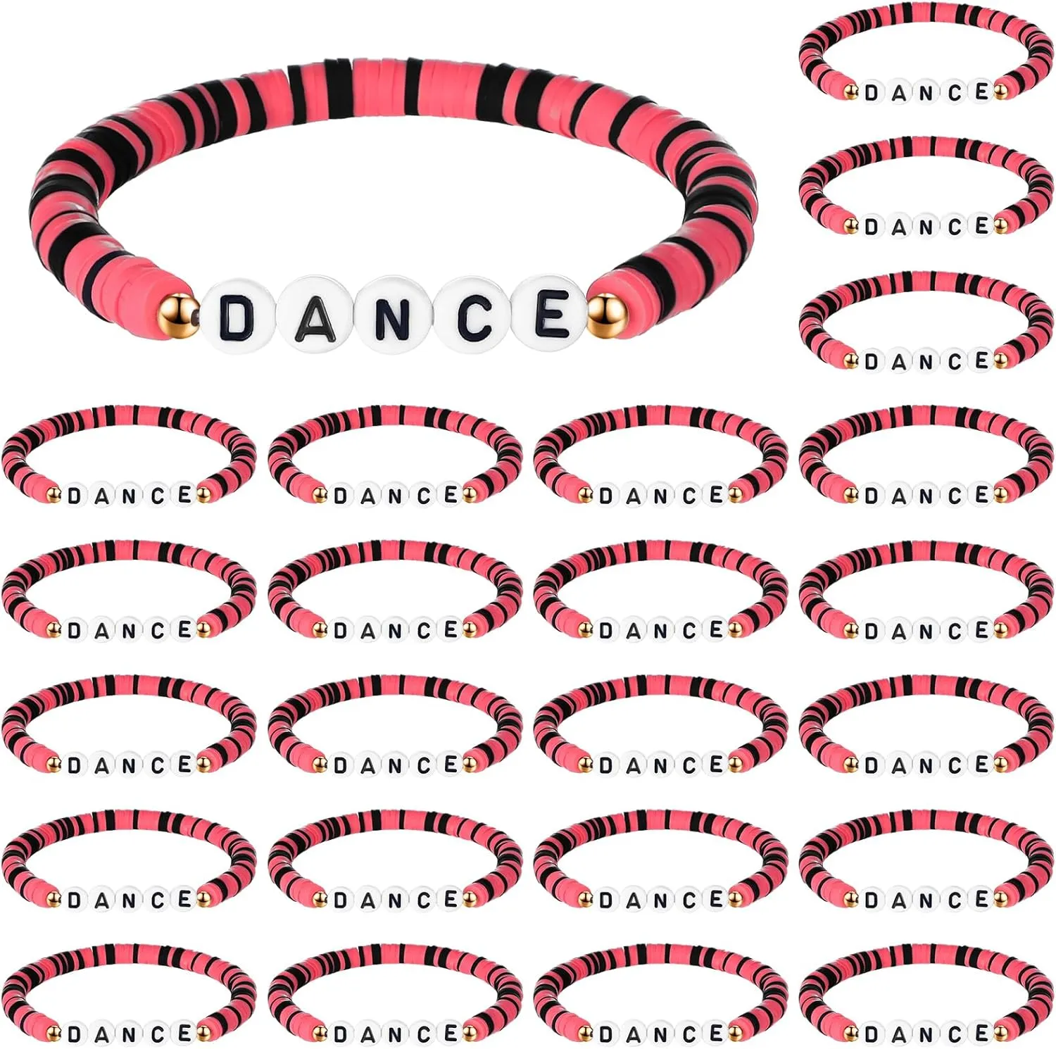 Blosssound 24 Pack Polymer Clay Beaded Dance Bracelet Bulk Stretch Bracelet for Team Gift Colorful Dance Lover Gift International Dance Day Graduation Party Charm Jewelry Favor