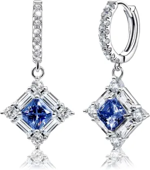 Blue Dangle Hoop Earrings for Women Sterling Silver Sapphire Cubic Zirconia Square Hoop Earrings with Cz Charm Sparkling Crystal Huggie Jewelry for Women Mother's Day Gifts for Mom Bridal Wedding
