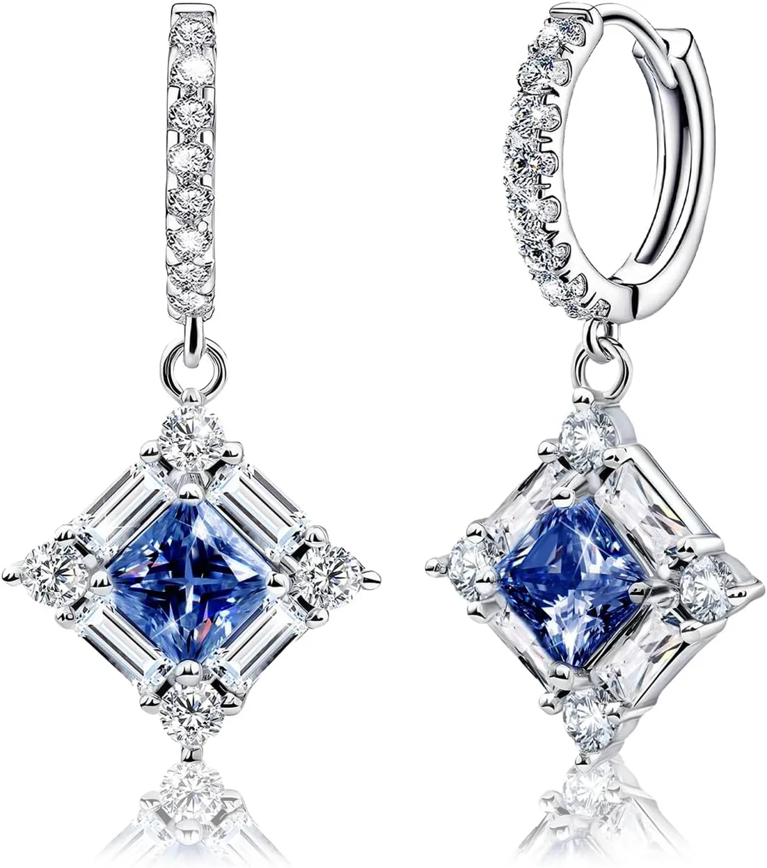 Blue Dangle Hoop Earrings for Women Sterling Silver Sapphire Cubic Zirconia Square Hoop Earrings with Cz Charm Sparkling Crystal Huggie Jewelry for Women Mother's Day Gifts for Mom Bridal Wedding