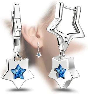 Blue Star Hoop Earrings with CZ Charm-Sterling Silver Star Dangle Hoop Earrings Sparkling Cubic Zirconia Huggie Earrings for Women CZ Pentagram Cartilage Hoops Hypoallergenic Jewelry Birthday Gifts