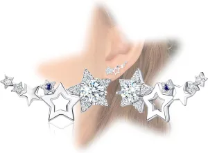 Blue Star Stud Earrings Sterling Silver Star Cuff Wrap Earrings Sparkling Cubic Zirconia Ear Climber Earrings Studs for Women Pentagram Cartilage Christmas Jewelry Birthday Gifts