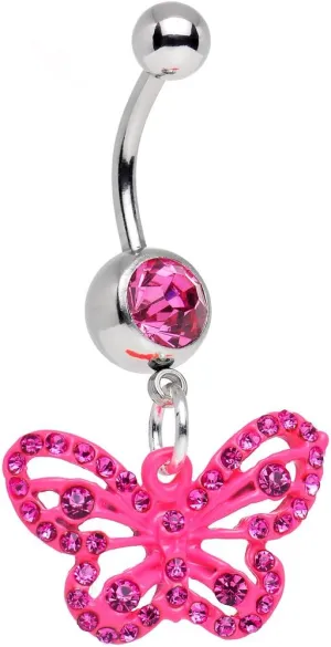Body Candy Stainless Steel Pink Sparkling Butterfly Dangle Belly Ring