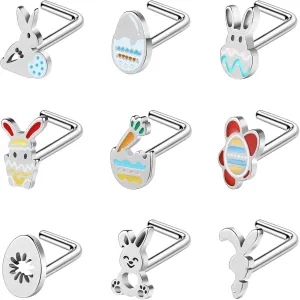 BodyAce 20G Easter Nose Studs Nostril Rings, Stainless Steel Nose Rings l Shaped Nostril Stud, Corkscrew Nose Piercings Jewelry in Cute Easter Eggs Bunny