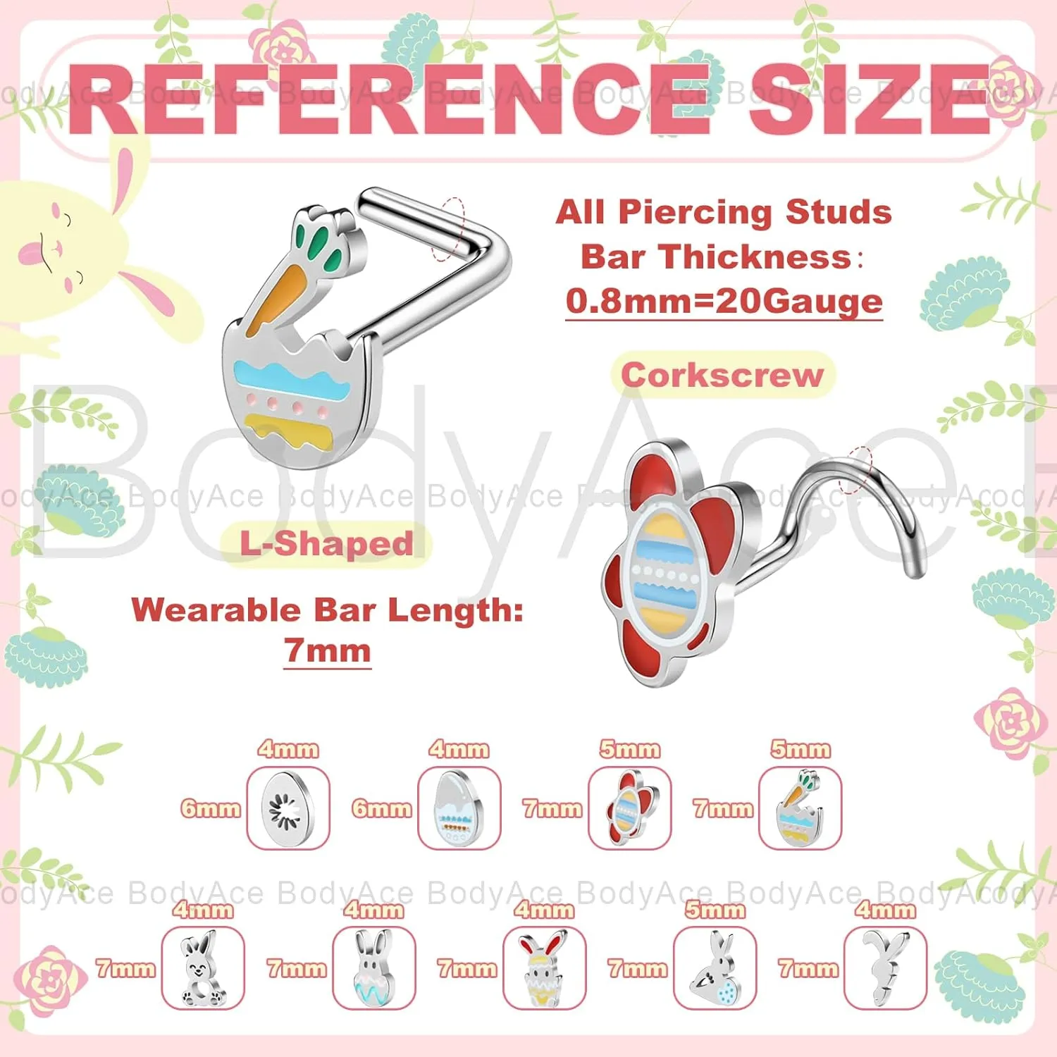 BodyAce 20G Easter Nose Studs Nostril Rings, Stainless Steel Nose Rings l Shaped Nostril Stud, Corkscrew Nose Piercings Jewelry in Cute Easter Eggs Bunny