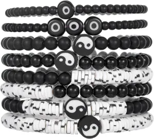 Bohemia Multilayer Clay Tai Chi Friendship Stackable Bracelets Colorful Surfer Heishi Clay Yin Yang Bagua Stretch Bracelets for Women Men Summer Beach Boho Vacation Jewelry Gifts