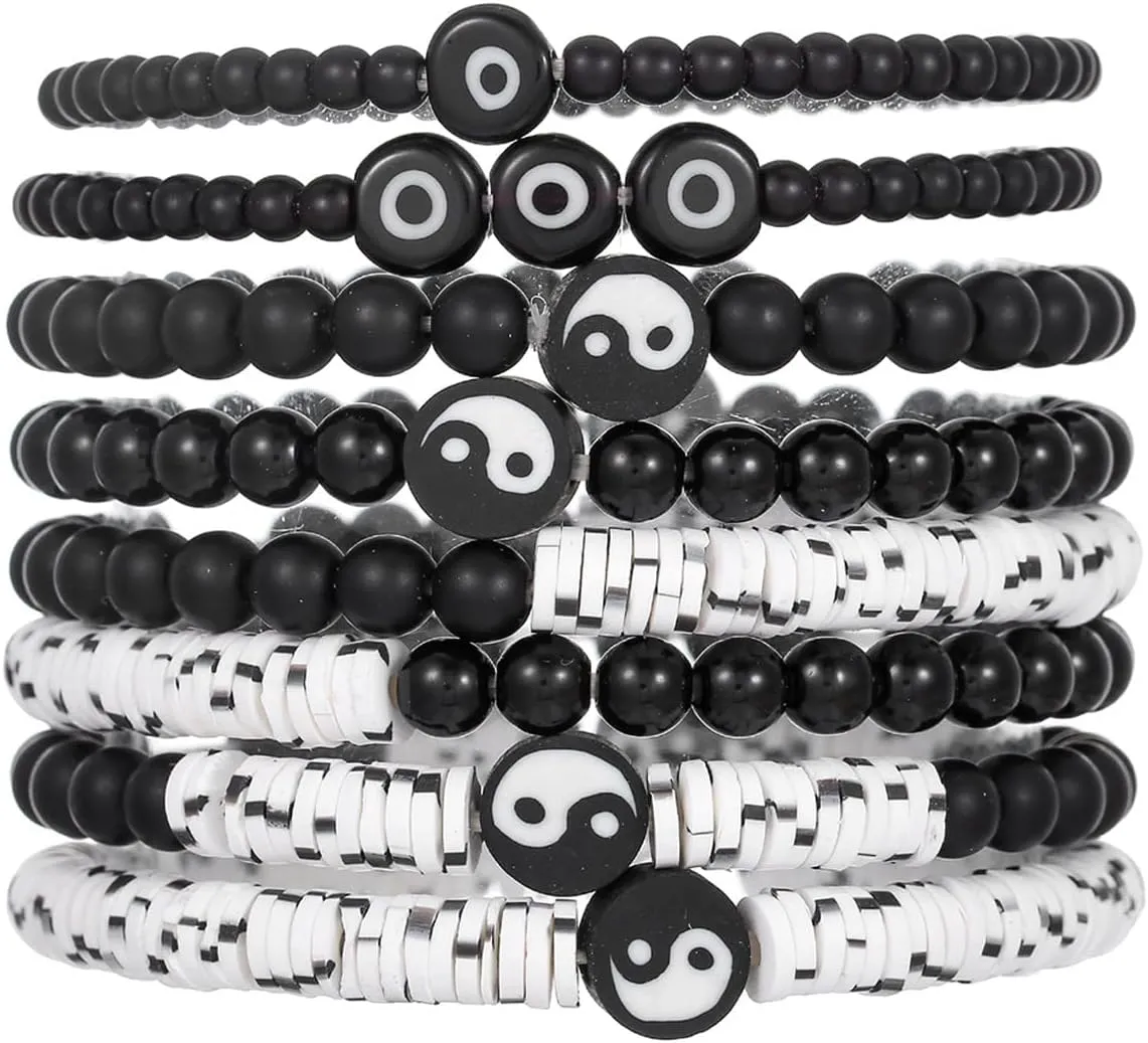 Bohemia Multilayer Clay Tai Chi Friendship Stackable Bracelets Colorful Surfer Heishi Clay Yin Yang Bagua Stretch Bracelets for Women Men Summer Beach Boho Vacation Jewelry Gifts
