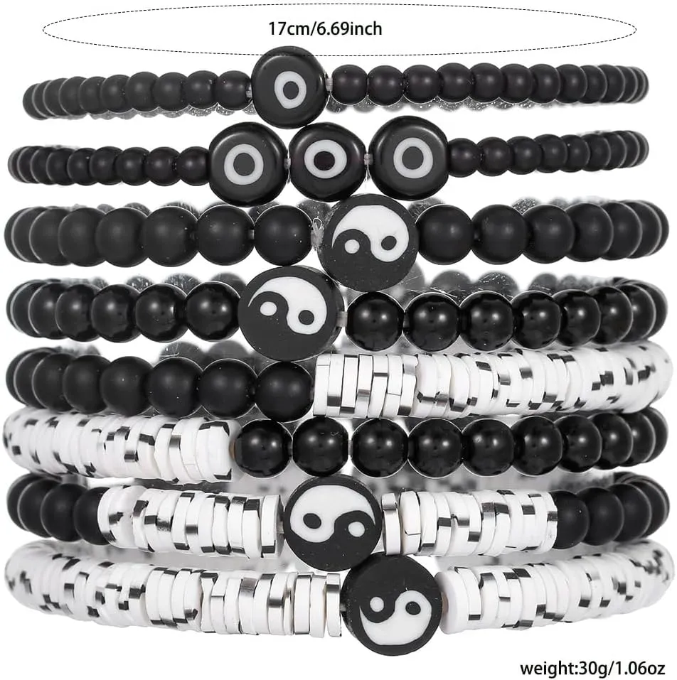 Bohemia Multilayer Clay Tai Chi Friendship Stackable Bracelets Colorful Surfer Heishi Clay Yin Yang Bagua Stretch Bracelets for Women Men Summer Beach Boho Vacation Jewelry Gifts