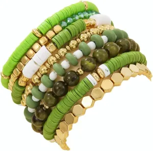 Bohemia Multilayer Heart Clay Stackable Bracelets Set Colorful Surfer Heishi Clay Gold Beaded Stretch Bracelets for Women Men Summer Beach Boho Vacation Jewelry Gifts