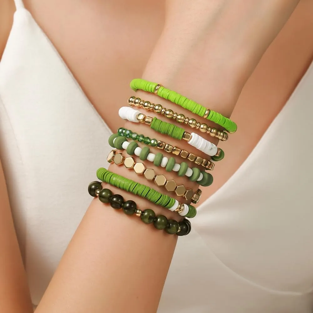 Bohemia Multilayer Heart Clay Stackable Bracelets Set Colorful Surfer Heishi Clay Gold Beaded Stretch Bracelets for Women Men Summer Beach Boho Vacation Jewelry Gifts