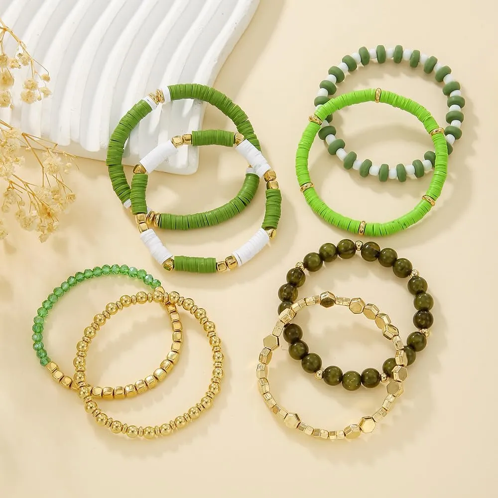Bohemia Multilayer Heart Clay Stackable Bracelets Set Colorful Surfer Heishi Clay Gold Beaded Stretch Bracelets for Women Men Summer Beach Boho Vacation Jewelry Gifts